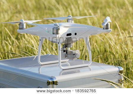 Drone before the flight on a transport metal bag