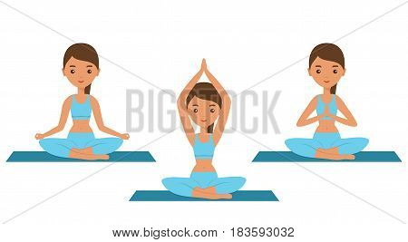 Yoga. Lotus posture. Flat women sitting in yoga pose Sukhasana. Female character icon. Vector illustration.