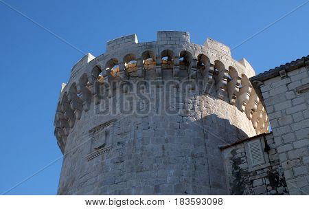 KORCULA, CROATIA - NOVEMBER 09: One of the towers in the ancient city wall of the historic city Korcula at the island Korcula in Croatia on November 09, 2016.