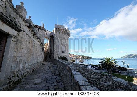 KORCULA, CROATIA - NOVEMBER 09: One of the towers in the ancient city wall of the historic city Korcula at the island Korcula in Croatia on November 09, 2016.