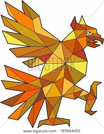 Low polygon style illustration of a glifo from the azteca's culture of a Cuauhtli showing an eagle in a fighting stance viewed from the side set on isolated white background.