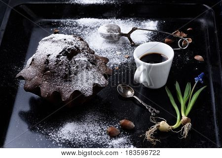 Morning Coffee With Dark Chocolate Mud Cake On Rustic Tray.