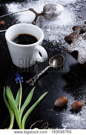 Close Up Coffee Cup With Chocolate Tart And Hazelnuts.