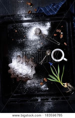 Coffee Cup, Chocolate And Nut Cake On A Baking Tray, View From Above.