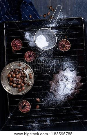 Brownie, Chocolate Cake With Hazelnuts On Baking Tray. Top View, Copy Space.