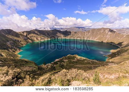 Quilotoa lagoon panorama in a sunny day