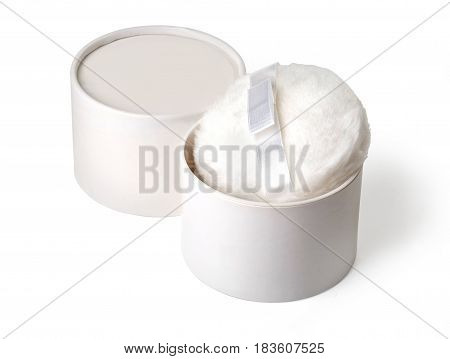 Makeup powder with puff on white background isolated on white .With clipping path
