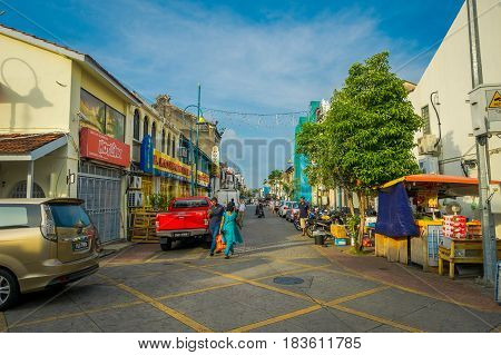 George Town, Malaysia - March 10, 2017: Little India enclave, where the oldest Hindu temple in Penang is located, Mahamariamman Temple, as well as where many indian shops and restaurants