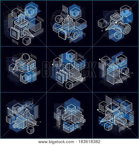 Isometric Linear Abstract Vector Backgrounds, Lined Abstractions. Cubes, Hexagons, Squares, Rectangl