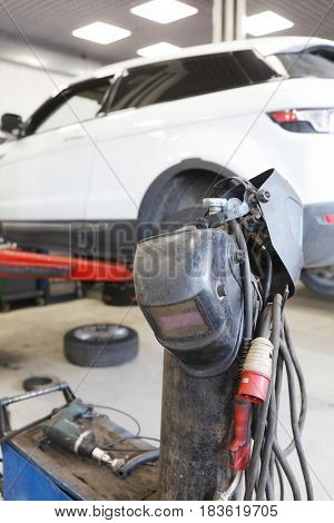 Welding equipment close up in a car repair station