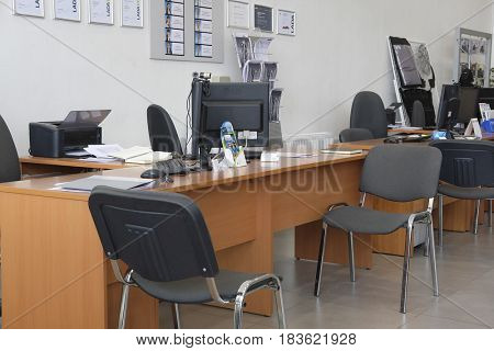 Kaluga, Russia - April, 20, 2017: menegers working place in a show-room of car dealership of 