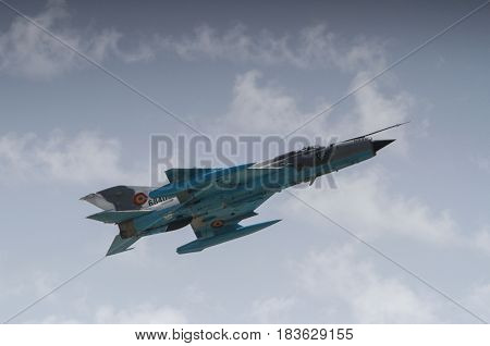 BUZAU ROMANIA June 18 2016: MIG 21 airplane in the BOBAS air show on the Boboc aerodrome in Buzau.