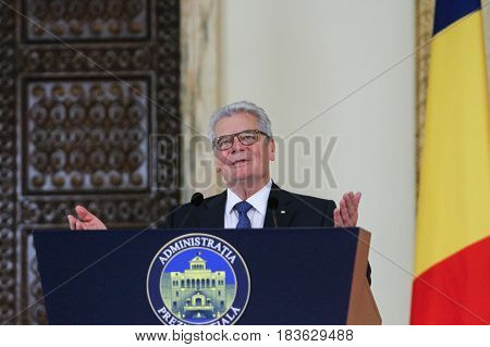 BUCHAREST ROMANIA June 20 2016: German president Joachim Gauck speaks during an official meeting with the Romanian president Klaus Iohannis in Bucharest.