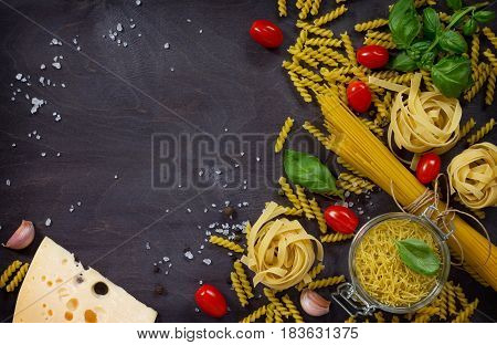 Ingredients For Cooking Italian Pasta - Spaghetti, Fusilli, Fettuccine, Basil, Cherry Tomato, Garlic