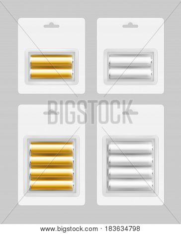 Vector Set of Two and Four White Silver Gray Golden Yellow Glossy Alkaline AA Batteries in White Blister Packed for branding Close up Isolated on Background