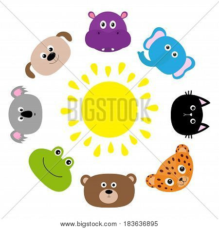 Cat jaguar dog hippopotamus elephant bear frog koala. Roundelay around sun Zoo animal head face Cute cartoon character set. Baby children education. Flat design White background Isolated Vector