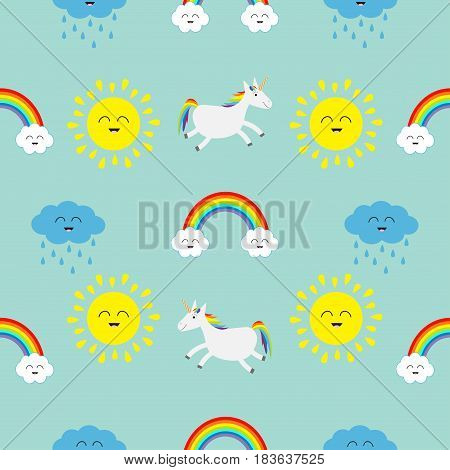 Cute cartoon sun cloud with rain rainbow unicorn horse with eyes set. Baby Seamless Pattern Wrapping paper textile template. Blue background. Flat design. Vector illustration.