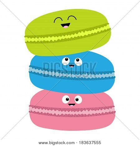 Three macaron or macaroon icon. Sweet bakery pastry cookies set with face. Cute cartoon smiling character collection. Fast food snack. Isolated. White background. Flat design. Vector illustration