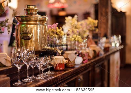 Unique ethnic restaurant interior. Traditional design. Ukrainian rural style and decorations. Europe, Ukraine.