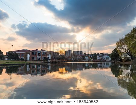 River And Modern Buildings Against Skyreflection of cityscape in rivershot in ShanghaiChina.