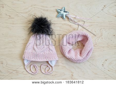 knitted hat and LICs child handmade pale pink