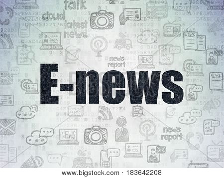News concept: Painted black text E-news on Digital Data Paper background with   Hand Drawn News Icons