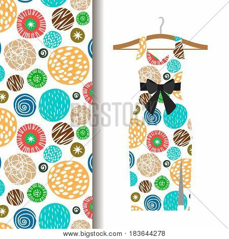 Women dress fabric pattern design on a hanger with polka dots. Vector illustration