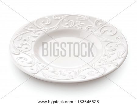 Porcelain plate with floral pattern close-up isolated on white background