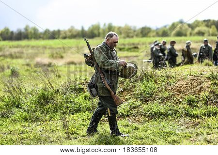 Rosowek Poland april 23 2017: Historical reconstruction battle for Stettin in 1945 Red army against Wehrmacht in Rosowek.