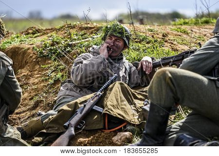 Rosowek Poland april 23 2017: Historical reconstruction battle for Stettin in 1945 Red army against Wehrmacht in Rosowek.