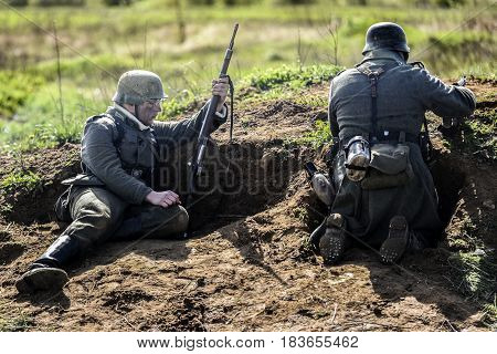 Rosowek Poland april 23 2017: Historical reconstruction battle for Stettin in 1945 Red army against Wehrmacht in Rosowek.