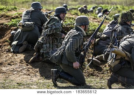 Rosowek Poland april 23 2017: Historical reconstruction battle for Stettin in 1945 Red army against Wehrmacht in Rosowek.