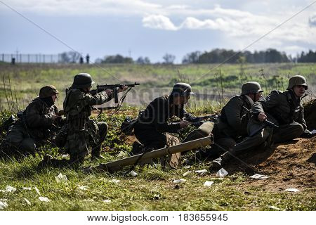 Rosowek Poland april 23 2017: Historical reconstruction battle for Stettin in 1945 Red army against Wehrmacht in Rosowek.