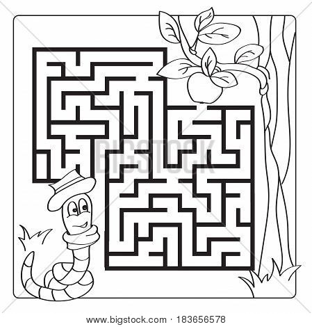 Labyrinth, maze for kids. Entry and exit. Children puzzle game. Help the worm to crawl to apple. Vector illustration