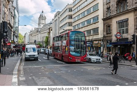 LONDON UK - APRIL 25 2017: Midday traffic on the High Holborn street in central London