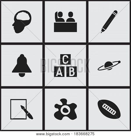 Set Of 9 Editable Education Icons. Includes Symbols Such As Oval Ball, Omelette, Alphabet Cube And More. Can Be Used For Web, Mobile, UI And Infographic Design.