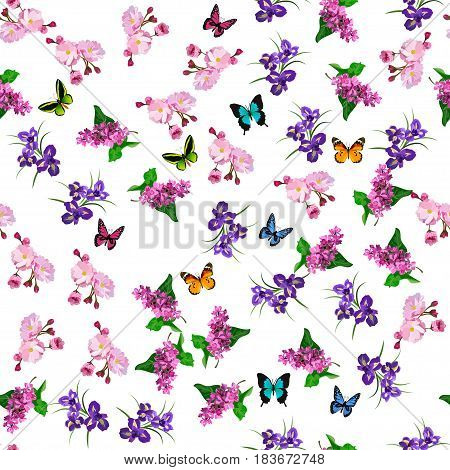 Very high quality original trendy vector seamless pattern with blooming lilac, plum and iris flower. Spring or summer design