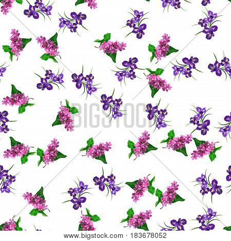 Very high quality original trendy vector seamless pattern with blooming lilac and iris flower. Spring or summer design