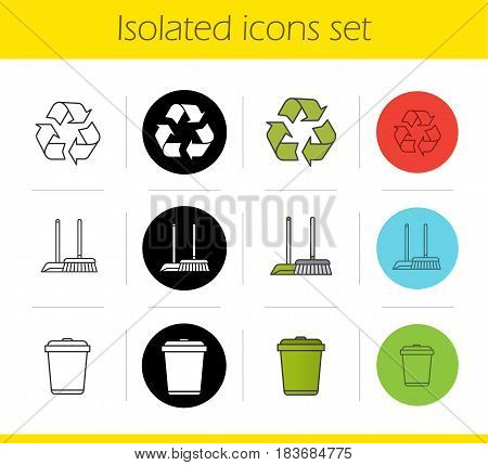 Cleaning service icons set. Linear, black and color styles. Environment protection. Recycle symbol, mop and dustpan, wastebasket. Isolated vector illustrations