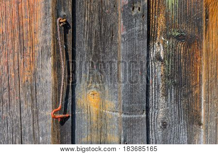 Wood texture. Background of old panels. Old Metal Hook on old wooden wall with faded planks