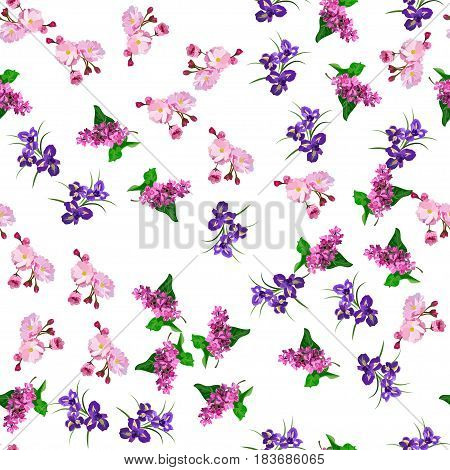 Very high quality original trendy vector seamless pattern with blooming lilac, plum and iris flower. Spring or summer design