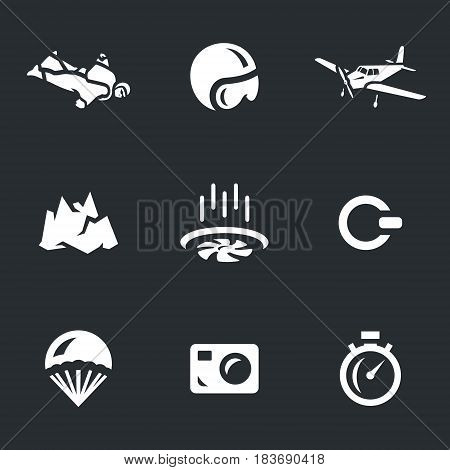Skydiver, helmet, airplane, mountain, air flow, ring, parachute, camera, stopwatch.