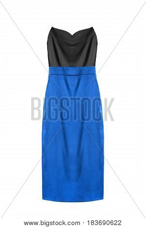 Strapless satin dress with blue skirt on white background