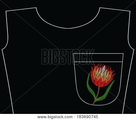 Embroidery protea for t-shirt pocket, neckline. Vector fashion embroidered flower ornament, fancywork pattern for textile, fabric traditional folk decoration.