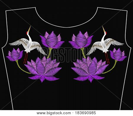 Embroidery  lotus flower with Asian crane bird for neckline. Vector fashion embroidered floral ornament, fancywork pattern for textile, fabric traditional folk decoration.
