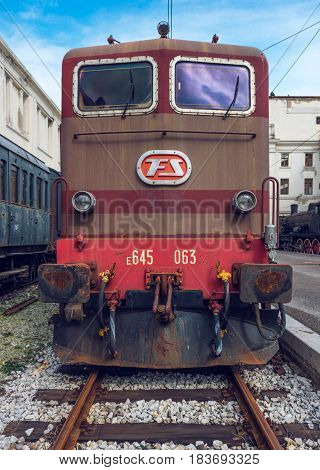 Trieste - March 2016, Italy: Electric locomotive in Railroad Museum (Museo Ferroviario di Trieste), front view