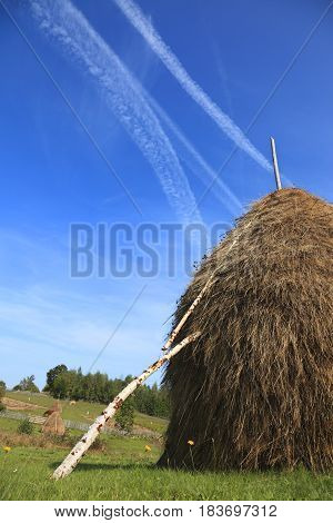 Image of a hayrick in a field against a blue sky with airplane traces.