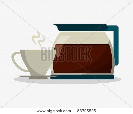 set porcelain cup of coffee in crockery with glass jar with handle vector illustration