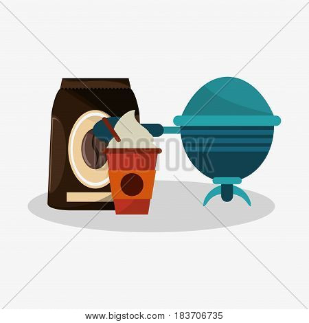 set packaking of coffee with glass disponsable of cappucino and recipient vector illustration