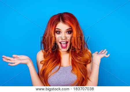Close-up Portrait Of Attractive Cute Girl With Long Ginger With Dye Ombre Fair Hair And Surprised Fa